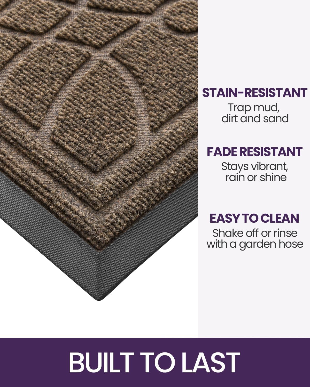 DEXI Front Door Mat Outside Entrance, Heavy Duty Non Slip Low Profile Doormat for Entryway, Trap Dirt and Moisture Welcome Mats, Easy Clean, Patio, Garage, 5x3, Brown