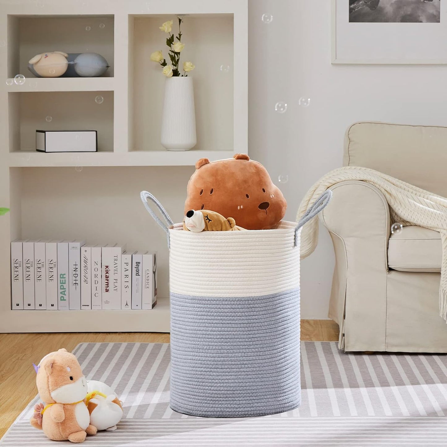 VIPOSCO Large Laundry Hamper, Tall Woven Rope Storage Basket for Blanket, Toys, Dirty Clothes in Living Room, Bathroom, Bedroom - 72L Grey & White