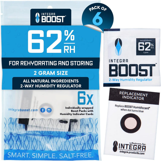 Integra Boost 2-Way Humidity Control Pack – Patented Technology for Humidity Control – Preserve Flavor & Maintain 62% RH – Moisture Absorber for Herbs, Spices & More – 2 Gram (Pack of 6)