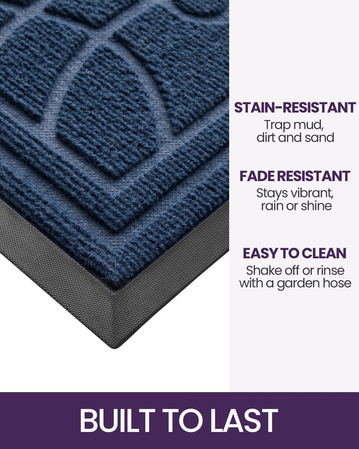 DEXI Front Door Mat Outside Entrance, Heavy Duty Non Slip Low Profile Doormat for Entryway, Trap Dirt and Moisture Welcome Mats, Easy Clean, Patio, Garage, 17x29, Blue