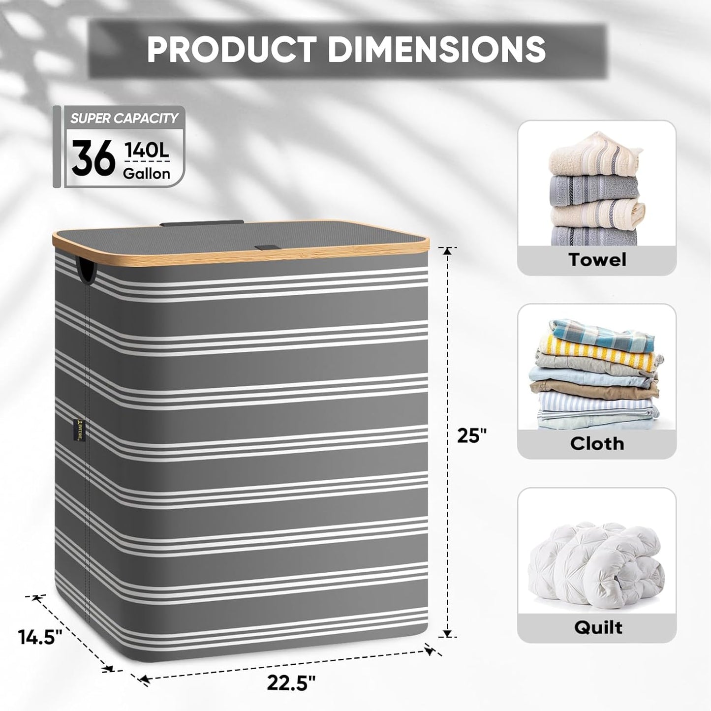 BALEINE Laundry Hamper with Lid, Tall Laundry Baskets with Bamboo Pull Handles, Large Laundry Bin with Internal Support (36 Gal/140L, Grey Pinstripe)