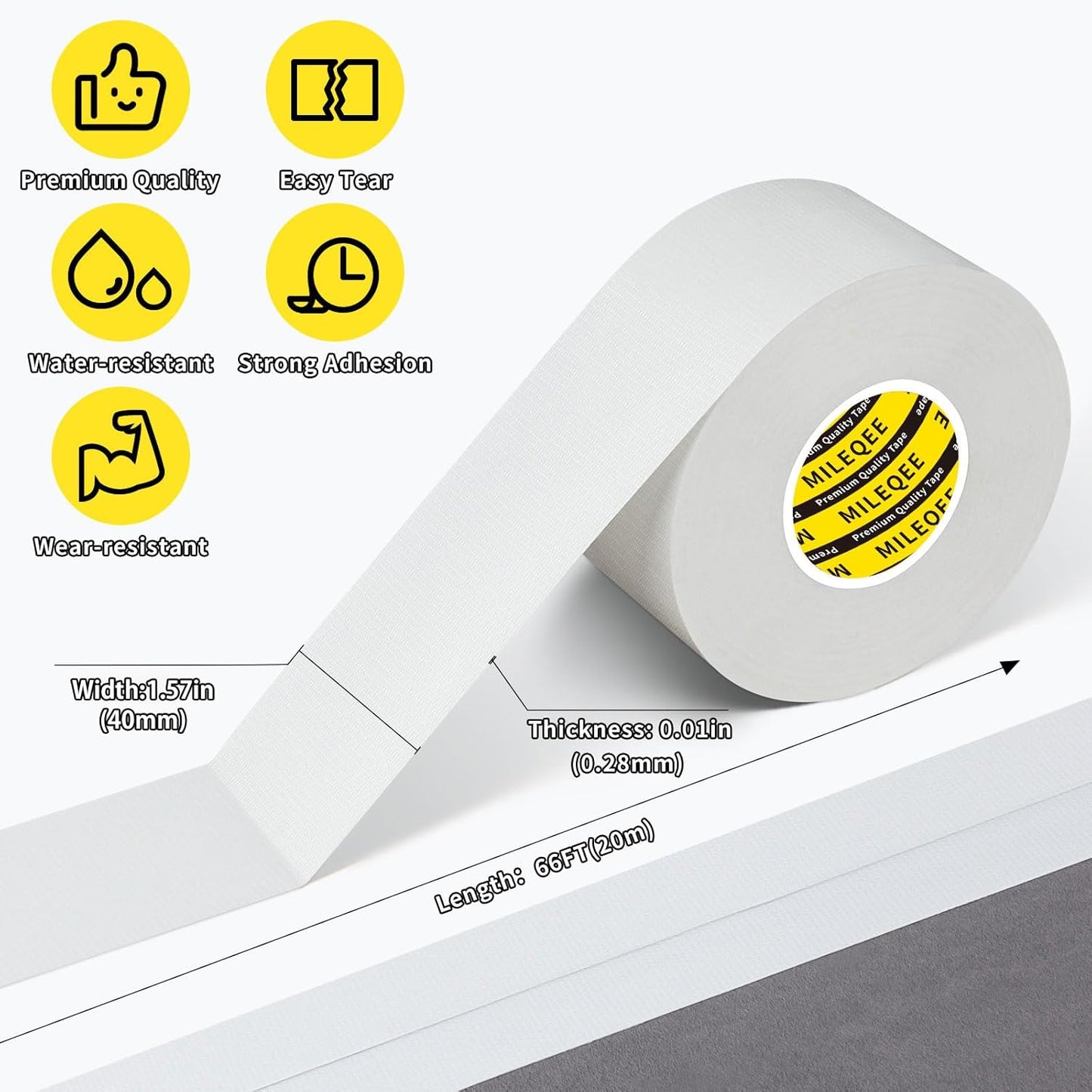 Duct Tape Heavy Duty Single Sided, Strong Adhesive High Strength, Waterproof Mesh Tape for Indoor and Outdoor Repairing Sealing Bonding, Easy Use Hand Tearable, 1.57 Inch x 66 Feet, White