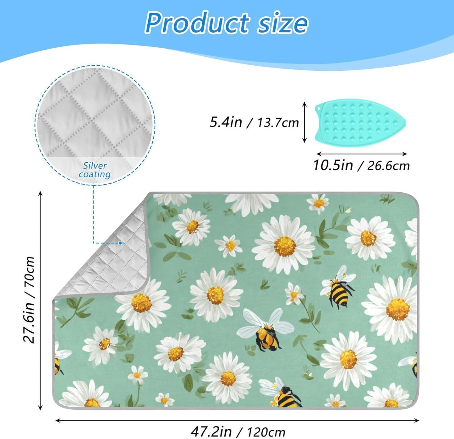 Ironing Mat Portable Ironing Pad Ironing Blanket for Table Top Heat Resistance Double-Side Using Travel Large 47.2 x 27.6 Inch Foldable Lightweight Mint Green Daisy Flowers and Bees