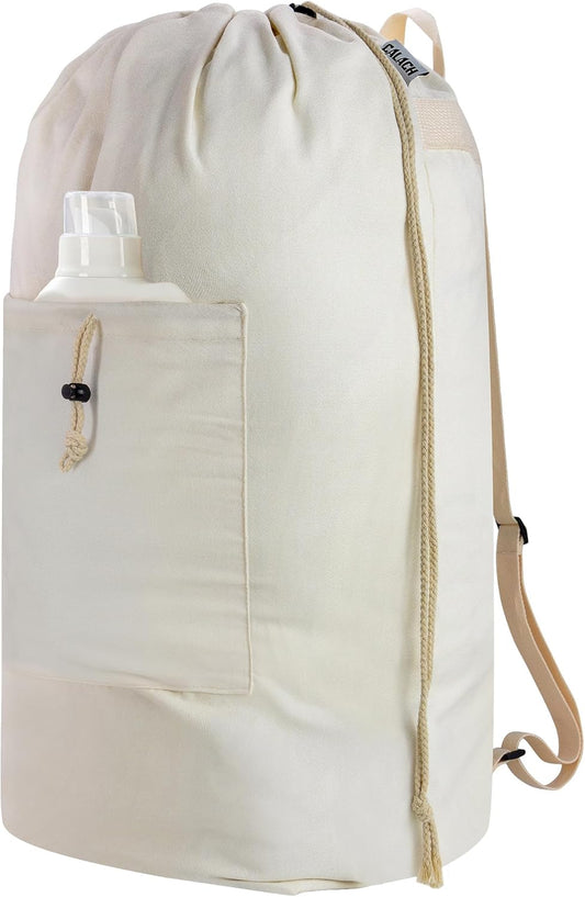 Laundry Bag Backpack, Canvas Laundry Bag with Straps & Drawstring Closure Washable Dirty Cloth Hamper Bag with Large Front Pocket for College, Travel, Laundromat, Camping (Beige)