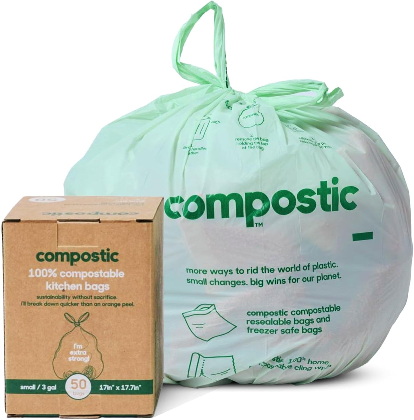 Compostic Home Compostable Trash Bags, 3 Gallon Small Kitchen Rubbish Bags (17” x 17.7”), Extra Strong & Quickly Breaks Down, 50 Count