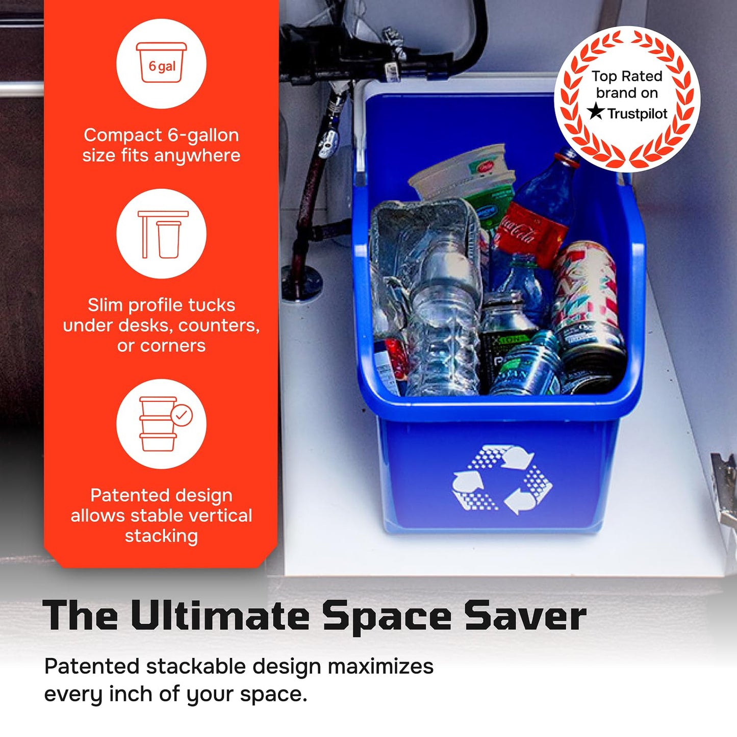 6 Gallon Stackable Recycling Bins for Homes, Garages, Offices Made of 100% Recycled Plastic - (Red, 6 Pack)