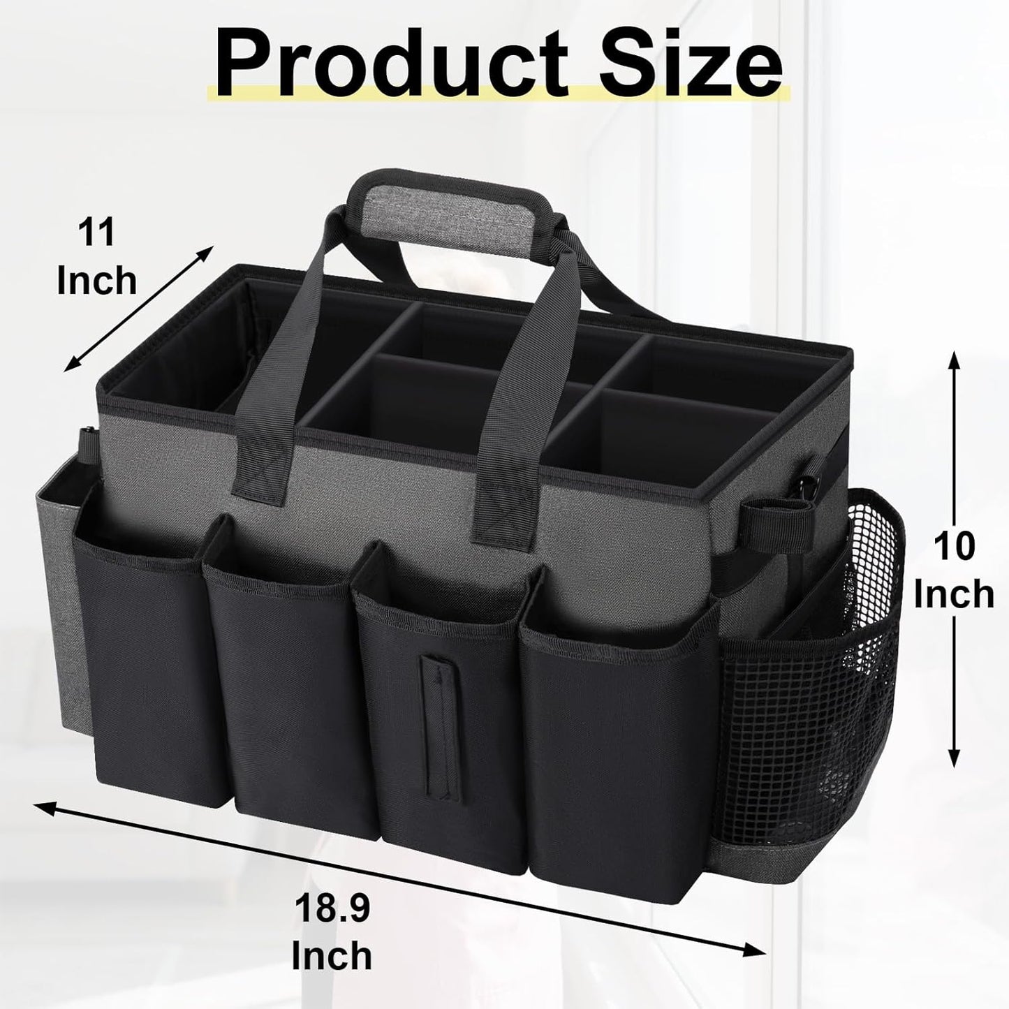 Wearable Large Cleaning Caddy Bag for Housekeeper, Clean Supply Organizer with Adjustable Shoulder, Waist & Handle Straps, Detailing Bag for Kitchen Supplies (Black&Gray)