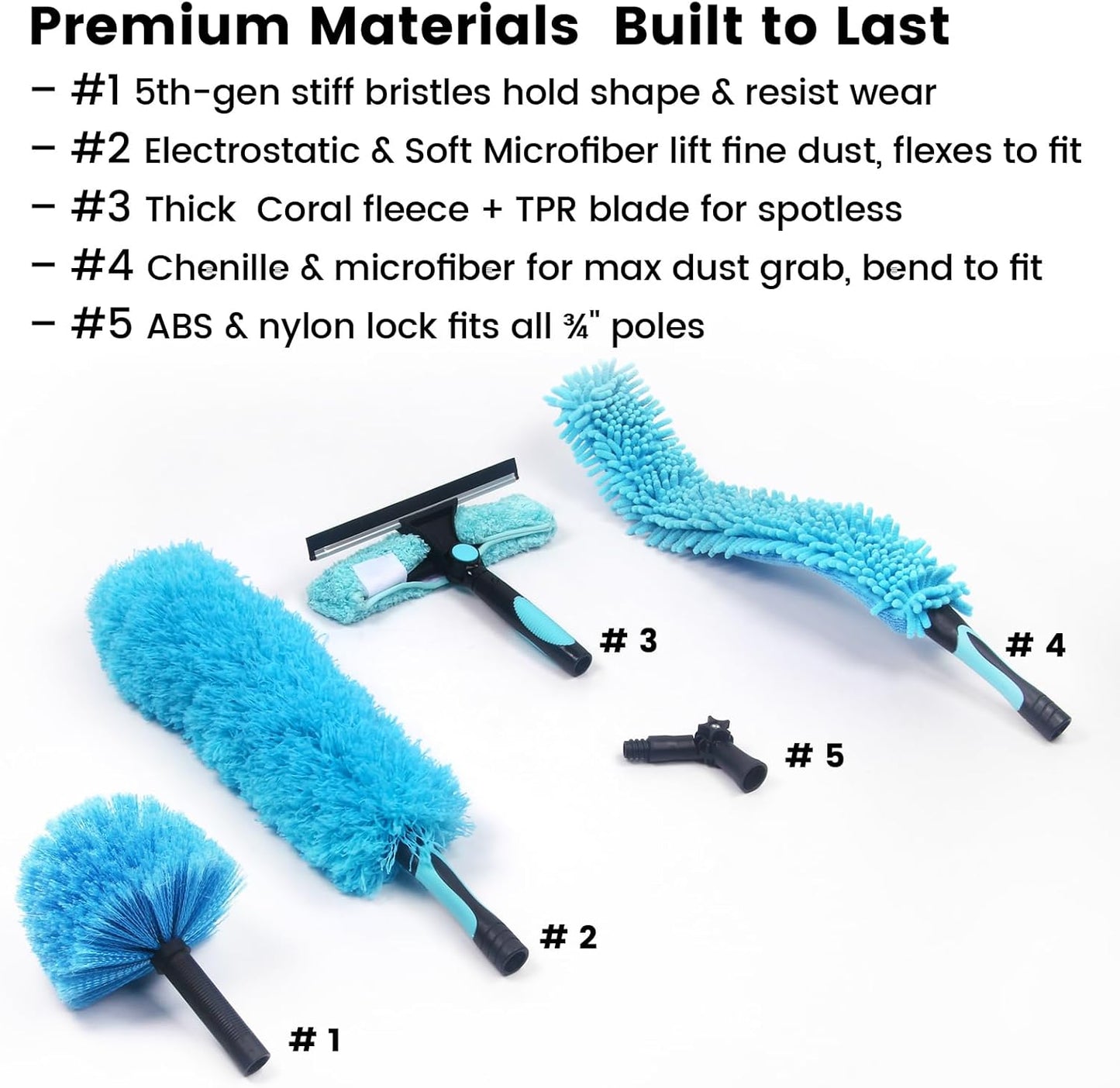 Ceiling Fan Duster Kit – 5-in-1 Bendable & Dual-Sided Heads – Washable Dusters for High Ceiling, Fans, Corners, Glass – Fits Standard ¾ Pole – Blue Cleaning Set