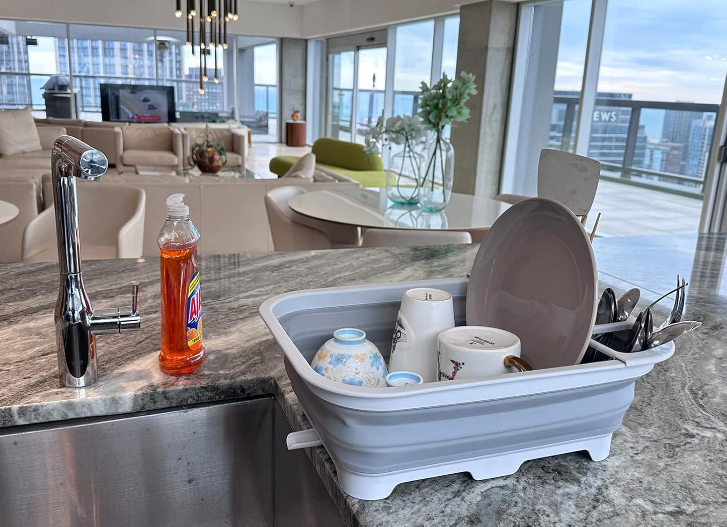 SAMMART 12L (3.17 Gallon) Collapsible Dish Drainer with Swivel spout - Foldable Drying Rack Set - Portable Dinnerware Organizer - Space Saving Kitchen Storage Tray (Grey)