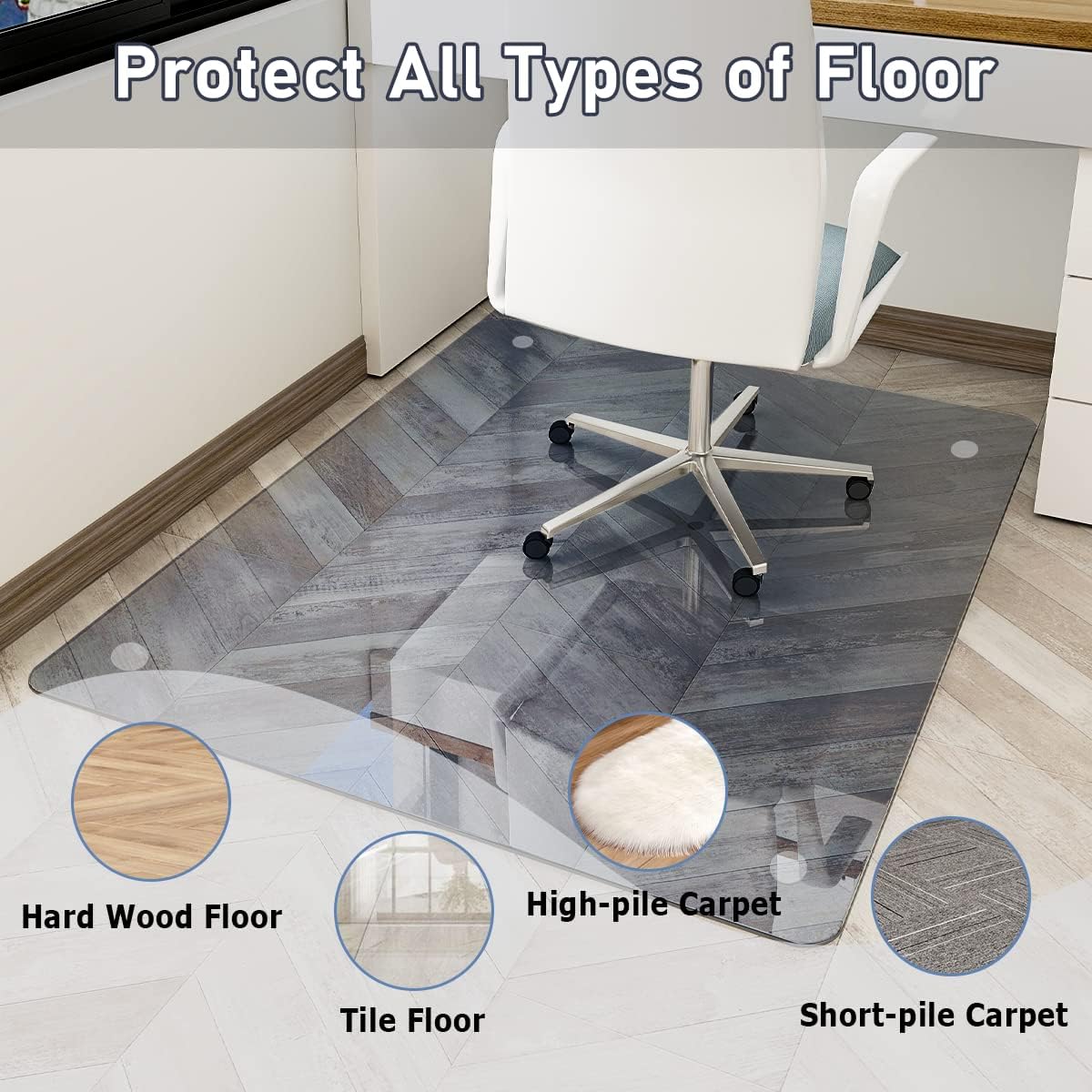 46" x 55" Chair Mat for Carpet - Office Chair Mat - Tempered Glass Floor Mat for Home/Office/Carpet Clear Computer Floor Mat - with 4 Anti-Slip Pads,Grey