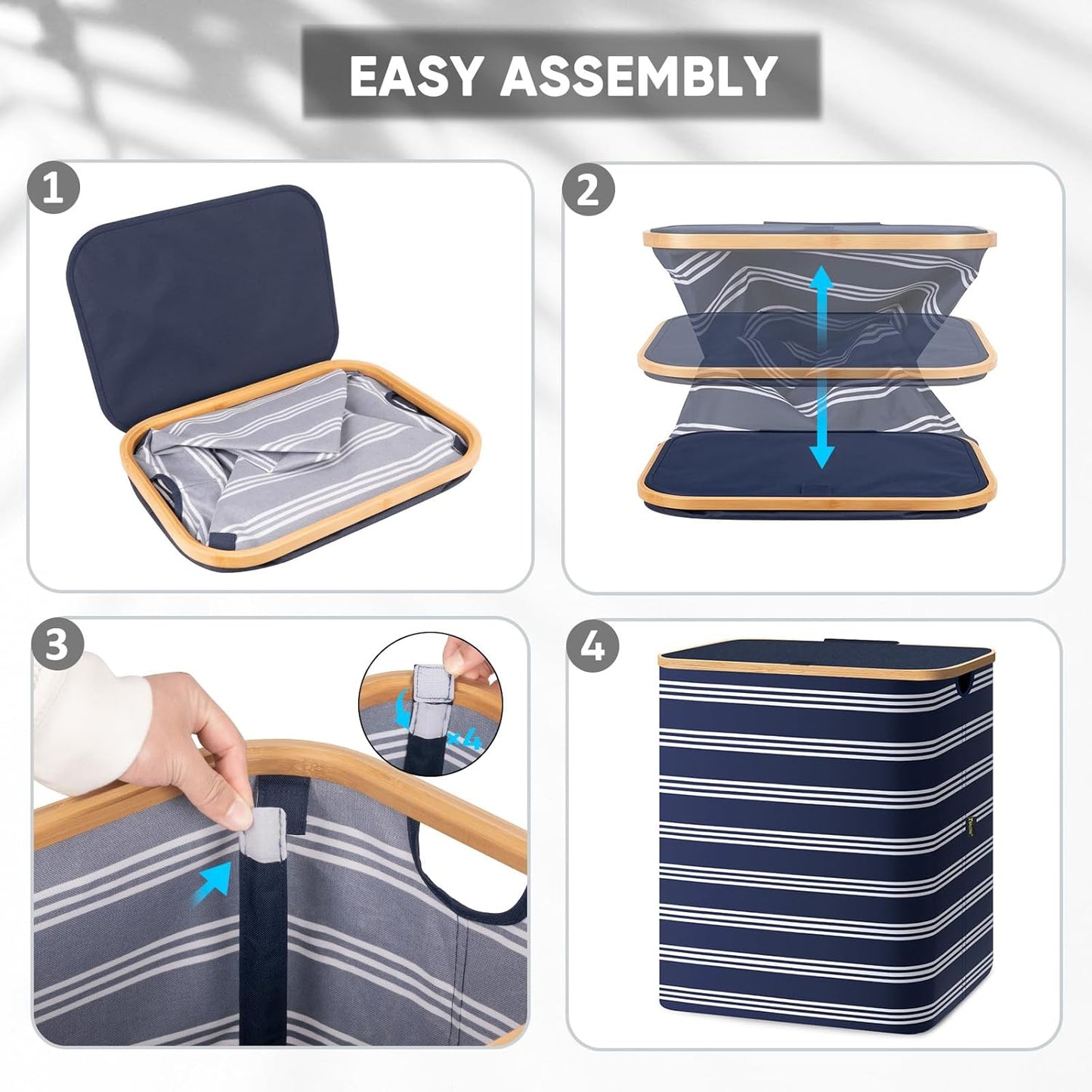 BALEINE Laundry Hamper with Lid, Tall Laundry Baskets with Bamboo Pull Handles, Large Laundry Bin with Internal Support (36 Gal/140L, Blue Pinstripe)