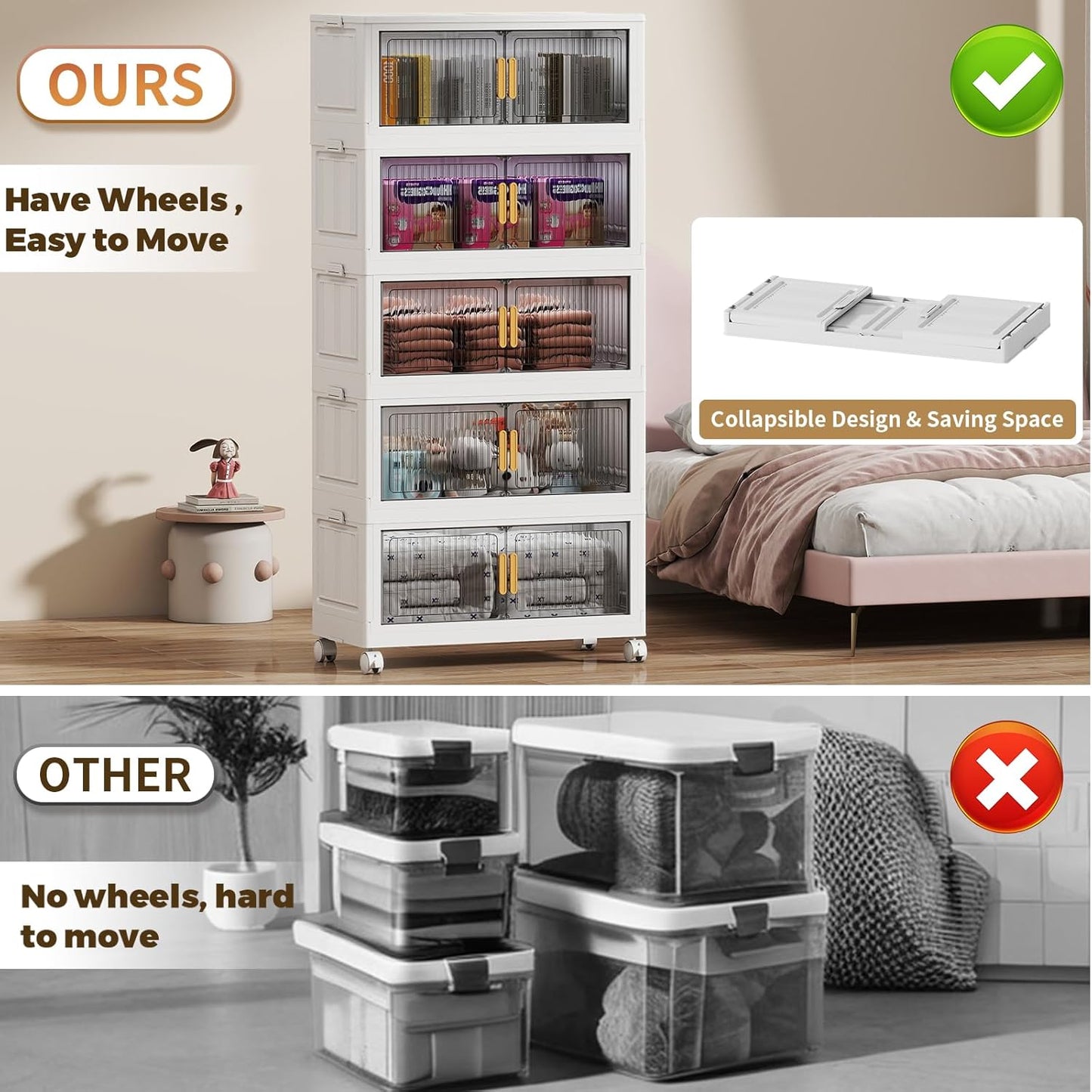 100Gal Stackable Plastic Storage Bins with Lids, Collapsible Closet Organizers and Storage with Wheels for Living Room,Office,Dorm 26.8" W x 14.4" D x 60" H, 5 Tier