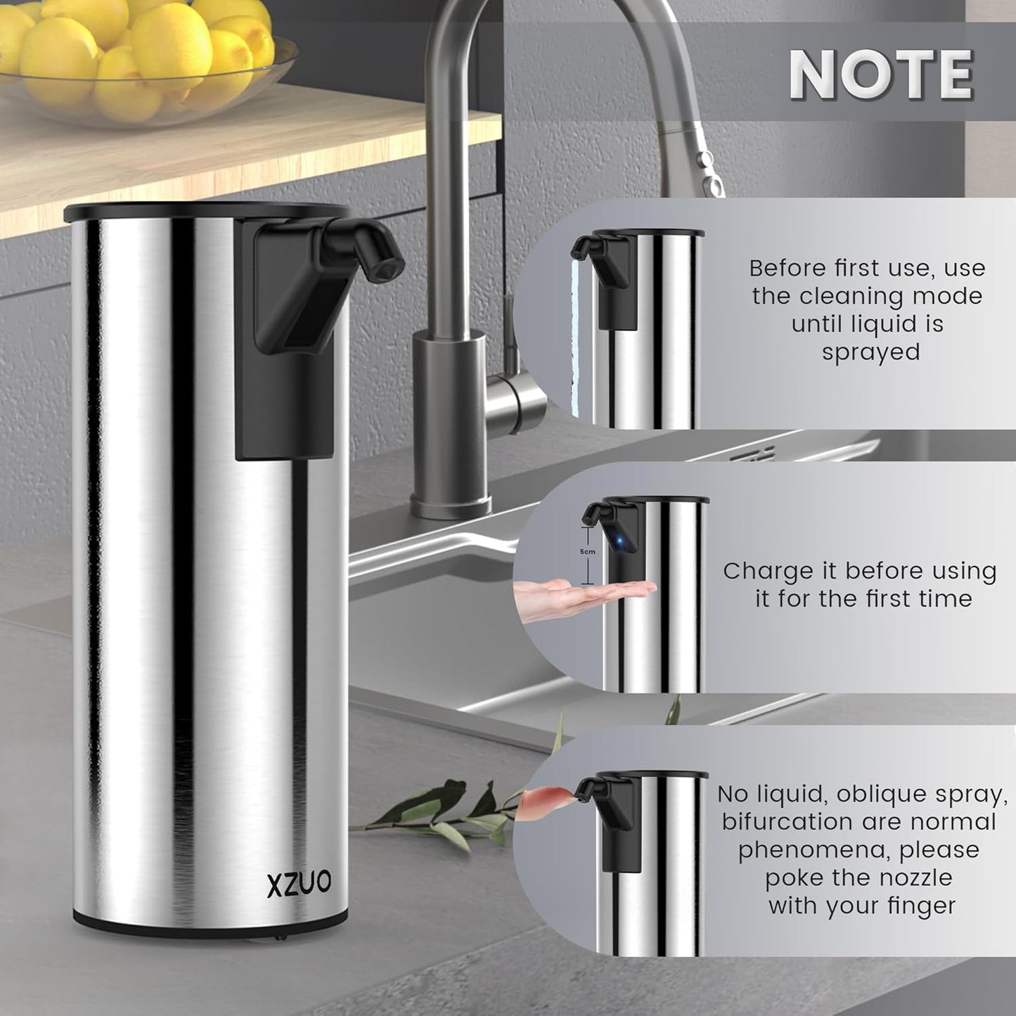 Automatic Soap Dispenser Touchless 11.8oz 4-Level Adjustment Auto Hand Soap Dispenser Stainless Steel Rechargeable for Bathroom Kitchen Hotel(Silver+Silver)