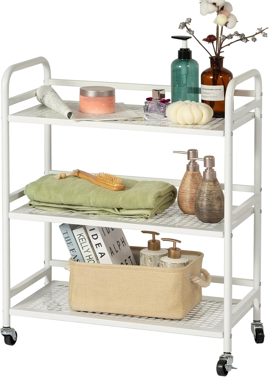 HDANI 3 Tier Metal Rolling Heavy Cart Supports 40 Lbs Per Tier,Rolling Cart with 2 Lockable Wheels for Office,Home,Bedroom,Kitchen,Bathroom(White)…