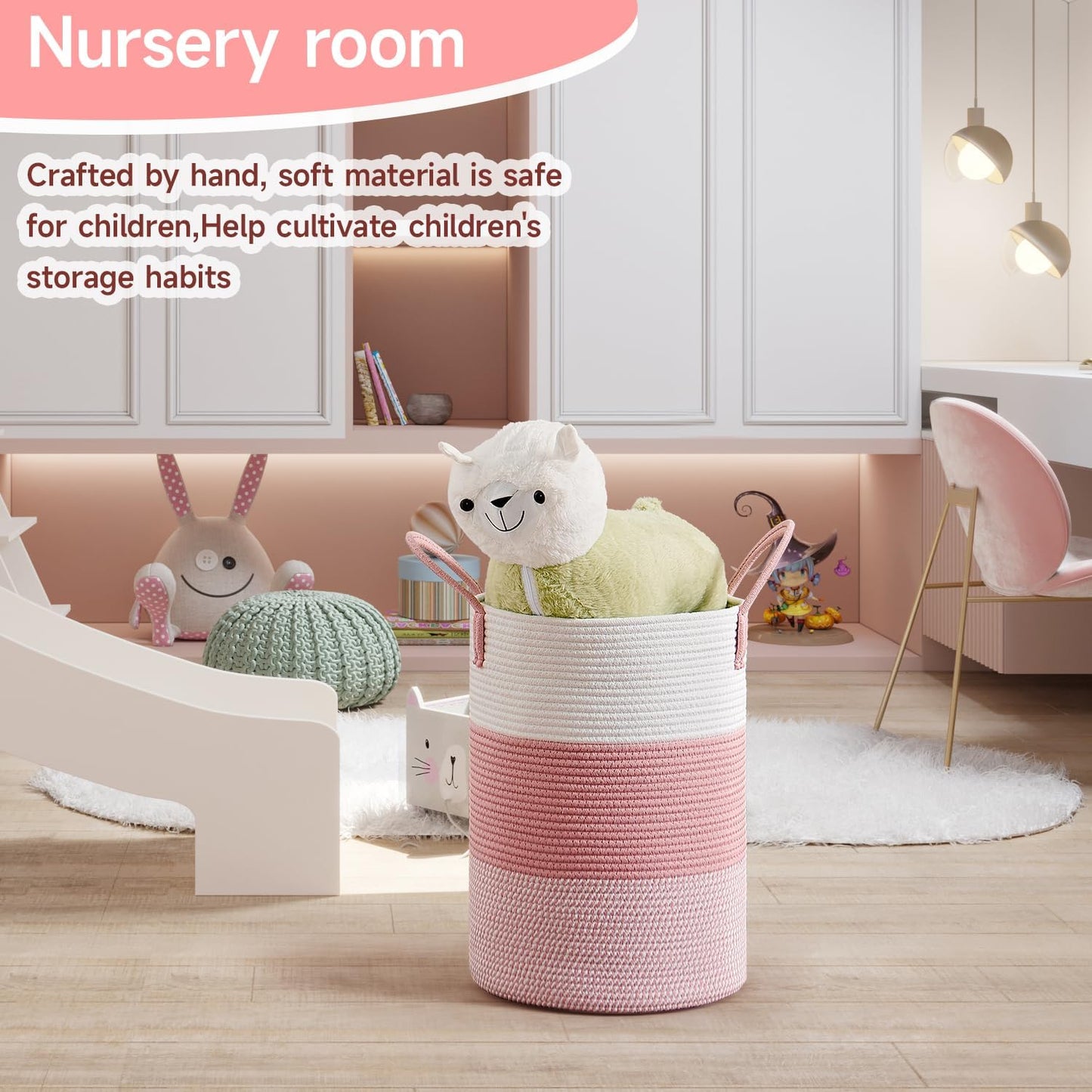 CLHMILY&Z 40L Laundry Basket Round Storage Rope Basket - 13x18 Inches - Pink Hamper in Bedreoom and Cute Storage Bin for Blankets, Toys, and Nursery Essentials