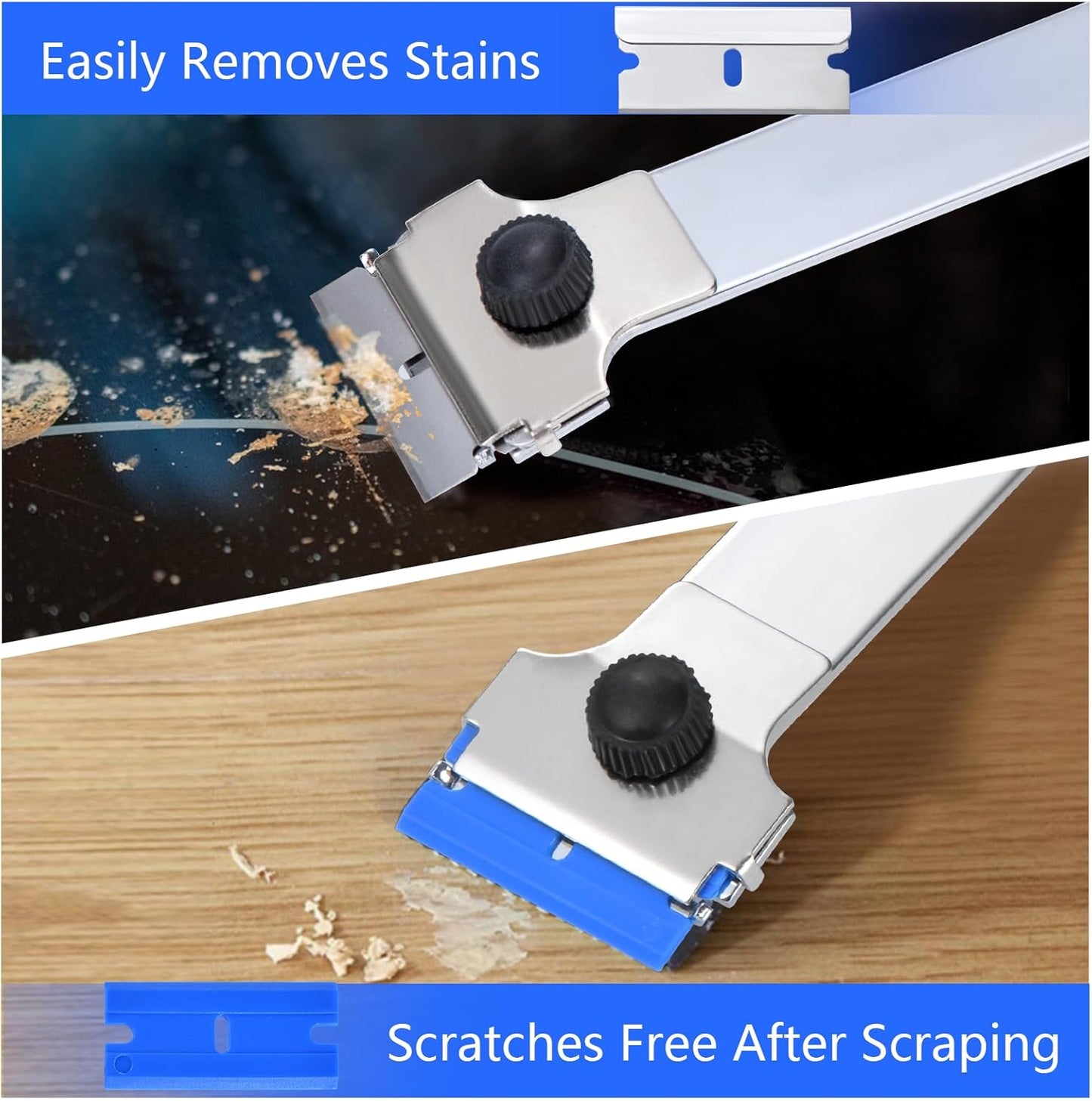 Razor Blade Scraper Tool with 10 Pcs Extra Replacement Metal and 10 Pcs Plastic Razor Blades, Long Handle Scraper Tool for Cleaning Cooktop, Paint, Tile, Window Glass Scraper