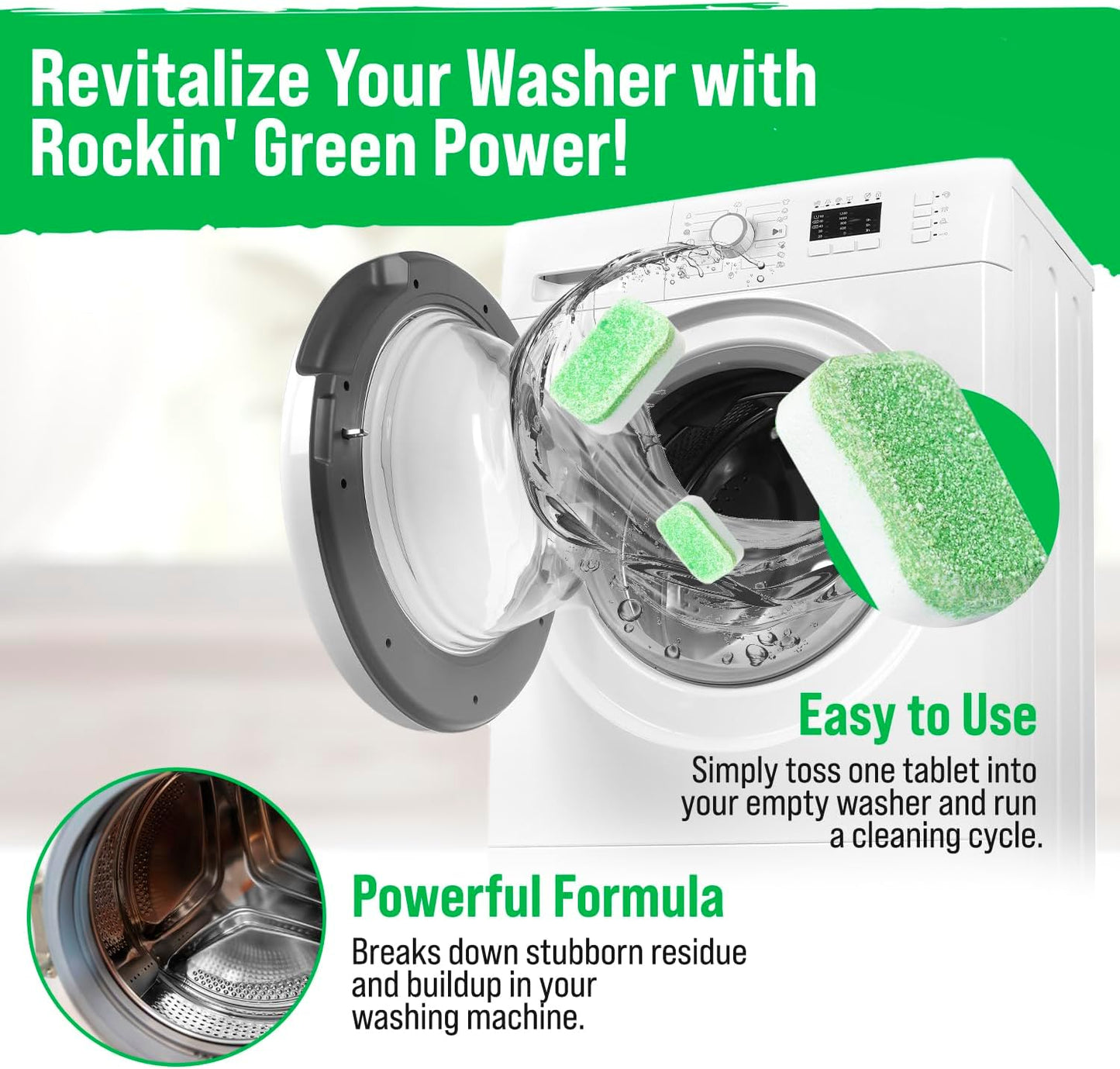 Rockin' Green Deep Cleaning and Deodorizing Tablets for Dishwashers, Washing Machines, and Garbage Disposals, Removes Odor and Residue (Washing Machine Cleaning Tablets, 8 Pack)