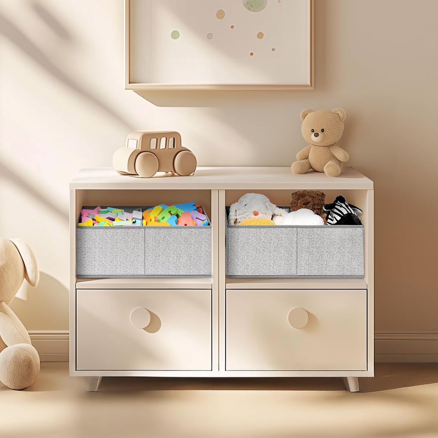 DIMJ Large Closet Shelf Organizer Bins 6 Packs with Handles and Divider, Fabric Trapezoid Storage Baskets, Foldable Clothes Containers Box for Shelf, Towel, Book, Toy, Purse, Hats, Grey