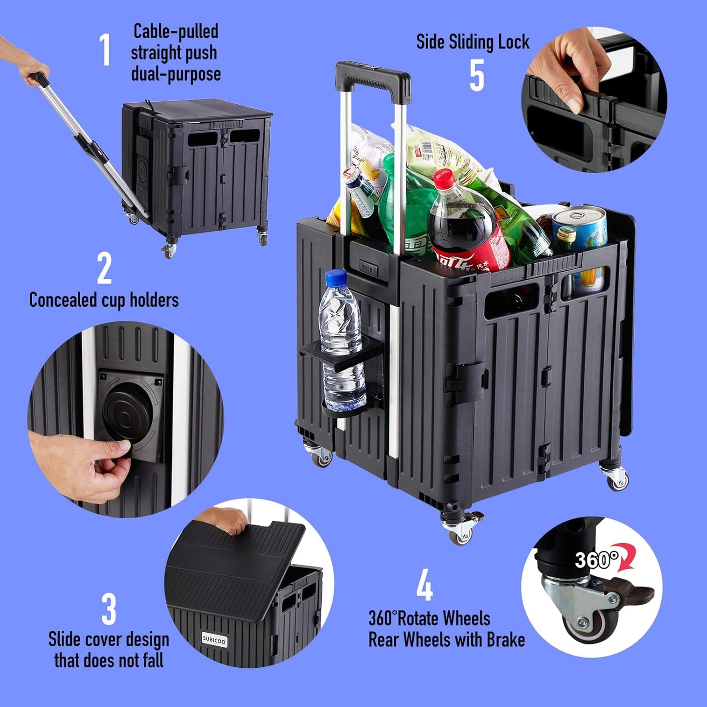 Folding Utility Cart Portable Rolling Crate Handcart Shopping Trolley Collapsible Tool Box, with Lid, on 4 Rotate Wheels, for Grocery, Shopping, Office, Teacher, Camp(Black)