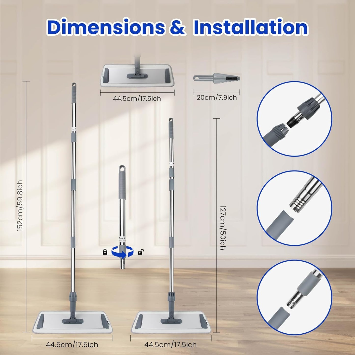 Microfiber Flat Mop for Floor Cleaning - Wet & Dry Mop for Hardwood, Vinyl, Tile Floors with 4 Reusable Washable Pads, Stainless Steel Adjustable Handle, 360° Rotatable Head