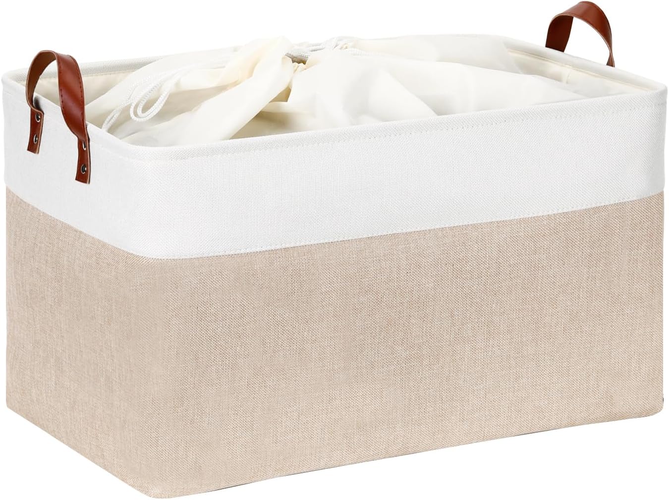 DULLEMELO 70L Extra Large Storage Bin, 22" x 15" x 13" Oversized Storage Basket, Collapsible Storage Box, Fabric Clothes Toys Blanket Basket for Shelves, Laundry, Nursery (White&Khaki)