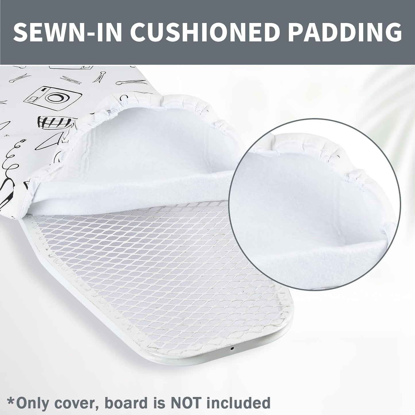 Seiritex Over The Door Ironing Board Cover 14 x 42 inch, Thick Padding and Heat Reflective with Hook and Loop Fasteners, 3 Layers Iron Board Cover (White)