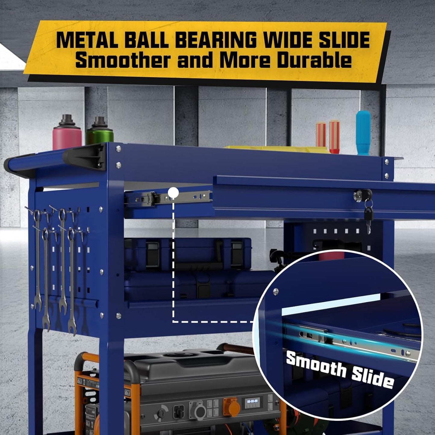 3 Tier Rolling Tool Cart with Drawers, 450 LBS Capacity Tool Cart on Wheels, Heavy Duty Rolling Utility Cart with Drawers, Rolling Utility Carts for Garage, Warehouse and Repair Shop,Blue