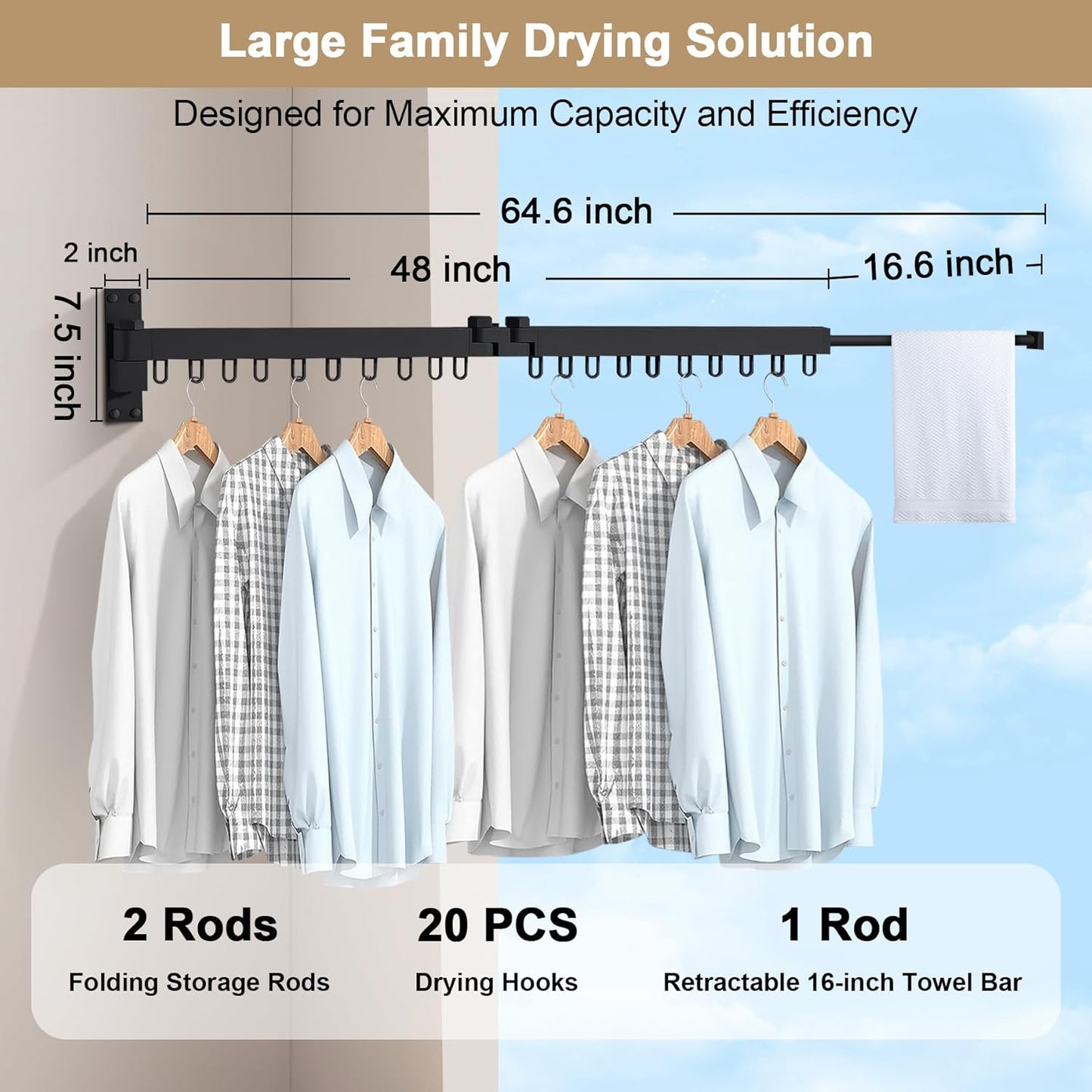 Bakala Clothes Drying Rack Foldable, Laundry Drying Rack Clothing Wall Mounted, Clothing Racks for Hanging Clothes, Heavy-duty Space Saving Hanger,Retractable,Expandable,Collapsible, 64" (Hooks,Black)