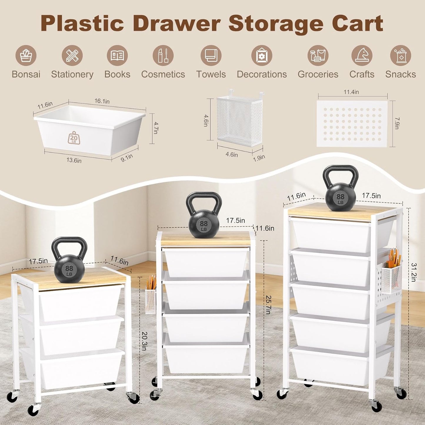 Rolling Cart with Drawers, Rolling Storage Cart with 4 Large Plastic Drawers & Wooden Tabletop, Utility Cart with Pegboards & Basket, Storage Drawers Cart for Living Room, Classroom, Bedroom, Office