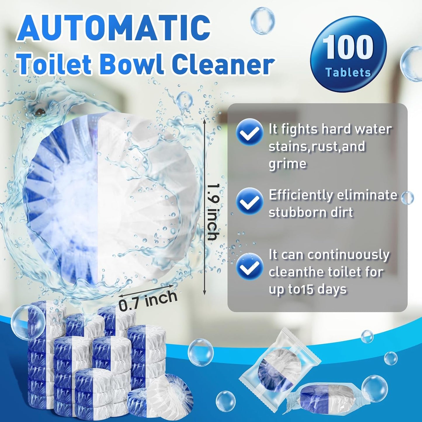 Qualirey 100 Pack Automatic Toilet Cleaner Tablets Toilet Bowl Long Lasting Bathroom Tank Tablets (Blue and White)