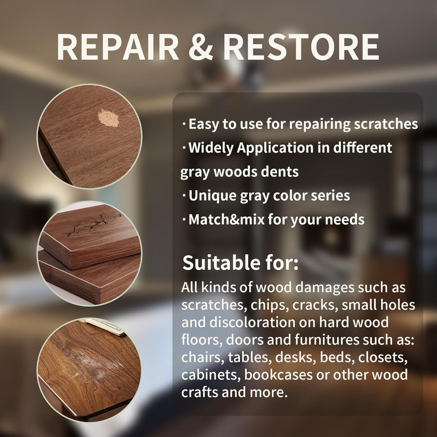 Wood Repair Kit, 13Pcs Wood Fillers, Furniture Repair Kit Scratch Cover for Wood Cracks, Stains, Discoloration for Furniture, Table, Door, Cabinet, Floor Wood Touch Up Wood Stain Paint, Dark Walnut