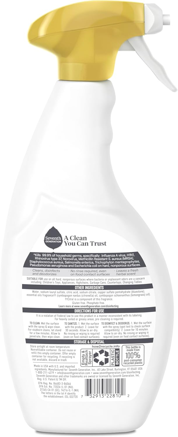 Seventh Generation Lemongrass Citrus Disinfecting Multi-Surface Cleaner - 26 Oz, Pack of 4