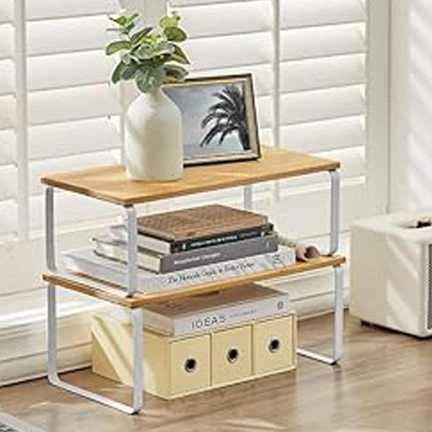 Cabinet Organizer Shelf, Kitchen Counter Storage, 2-Piece Set, Stackable Spice Rack, Metal and Wood (White and Natural Beige)