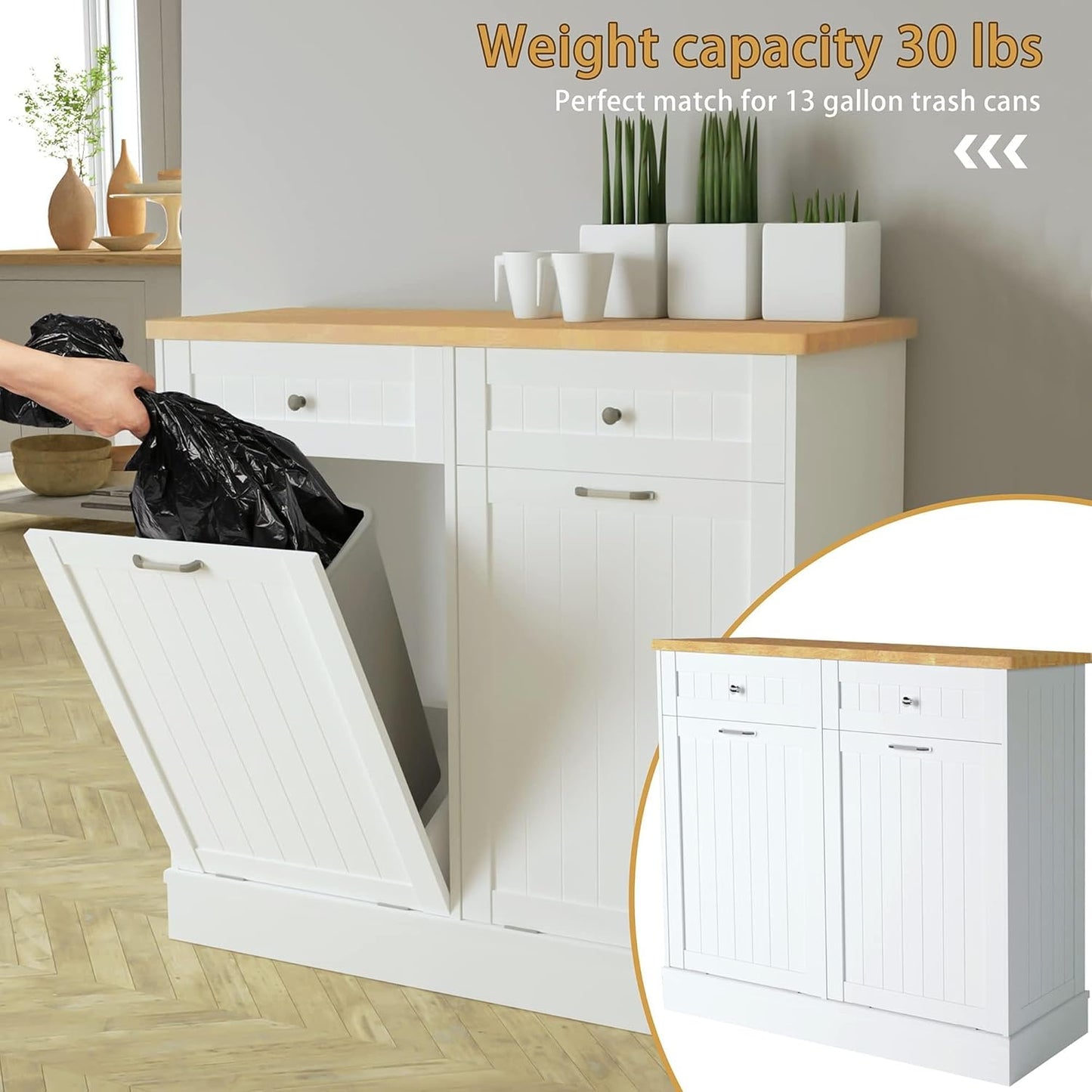 Betterhood Tilt Out Trash Cabinet 10 Gallon Wooden Free Standing Laundry Sorter Cabinet,Recycling Cabinet with Hideaway Drawer,Tilt Out Trash Cabinet Can Bin Kitchen