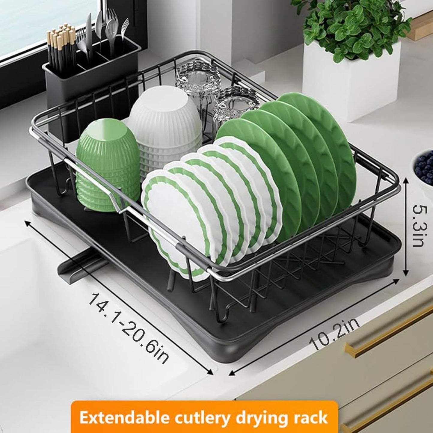 Dish Drying Rack - Expandable Dish Rack for Kitchen Counter, Dish Drainer for Kitchen Counter with Cutlery Holder, Drying Rack Fit for 14’’-21’’ Kitchen Sink