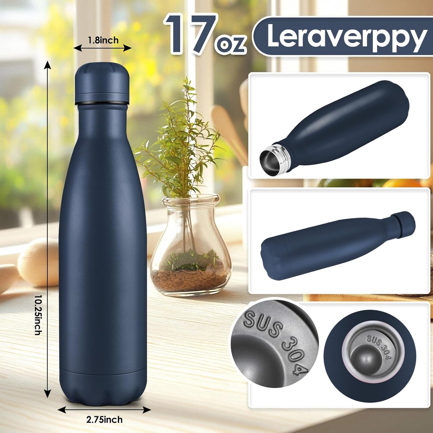 17oz Cola-Bottle Shaped Stainless Steel Leak-proof Water Bottle,Double Wall Vacuum Insulated Metal,Travel Mug For Sports Indoors & Outdoors,BPA-Free School Kids Flasks,Navy(4Pack)