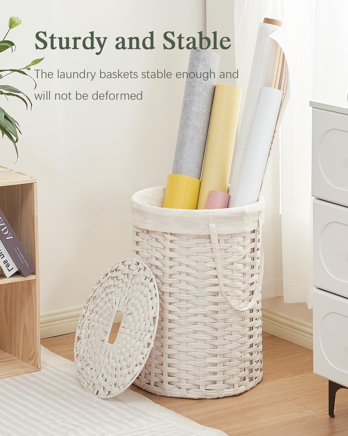 Laundry Hamper with Lid Laundry Basket with Lid 19.0 Gal (72 L) Round Wicker Laundry Basket Handwoven Rattan Basket with Lid Removable Bag 2 Mesh Bags Handles for Living Room Bathroom White