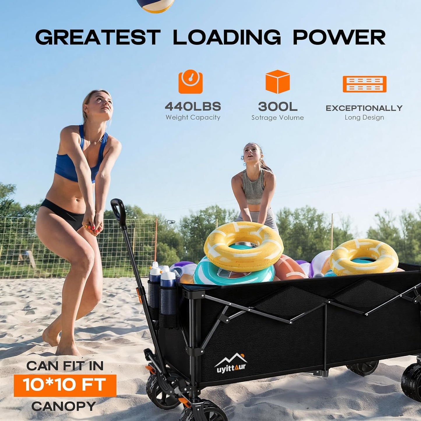 300L Extra Large Collapsible Foldable Wagon, 440lbs Load Capacity 48''L Extended Heavy Duty Folding Beach Wagon with Big All-Terrain Wheels, Utility Garden Cart for Outdoor Activities, Black