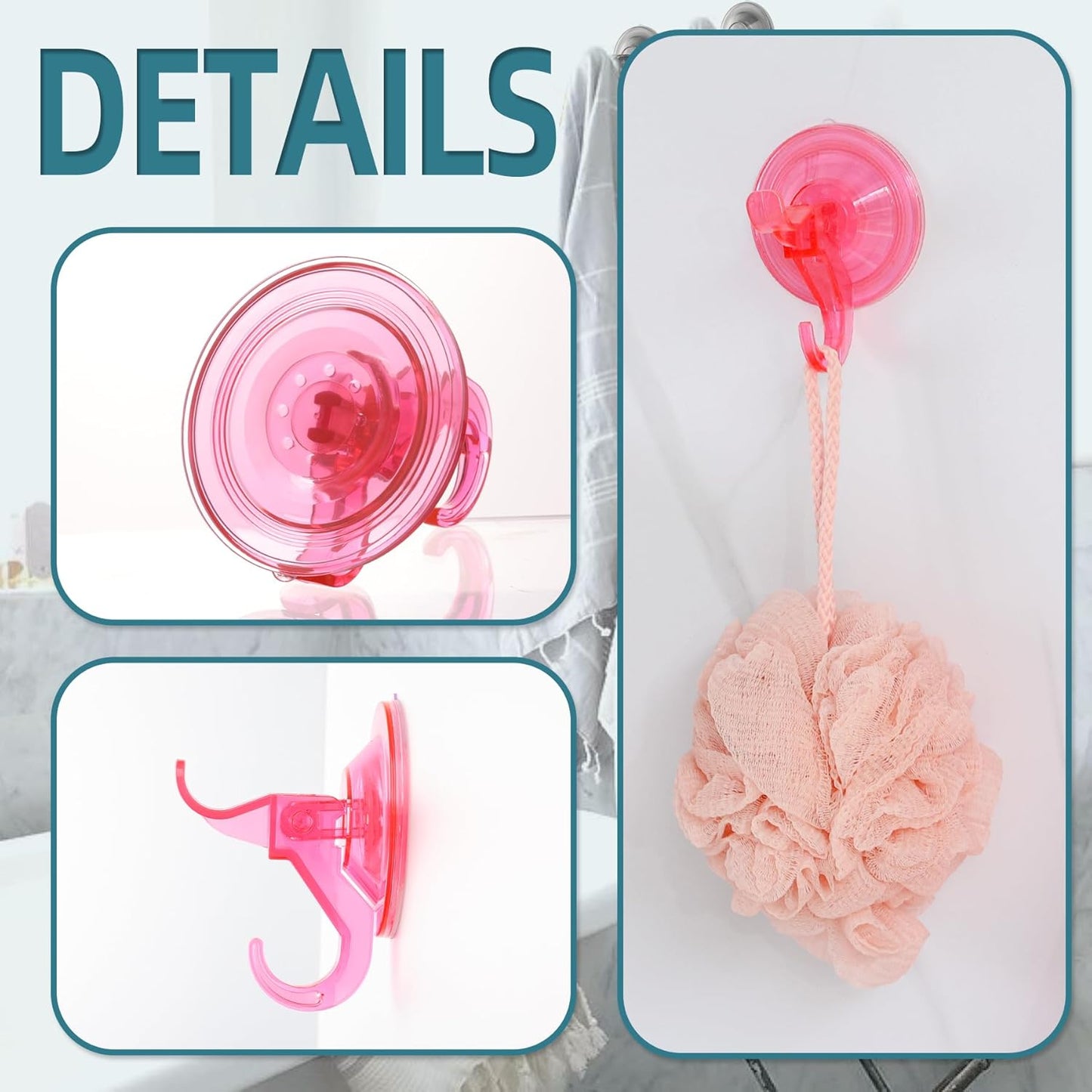 Antimbee Suction Cup Hooks,10 Pack Reusable Suction Cup Hangers,Removable Small Suction Cups for Shower,Bathroom,Glass,Door,Windows,Kitchen-Up to 11 lbs on Smooth Surface (Transparent Pink)