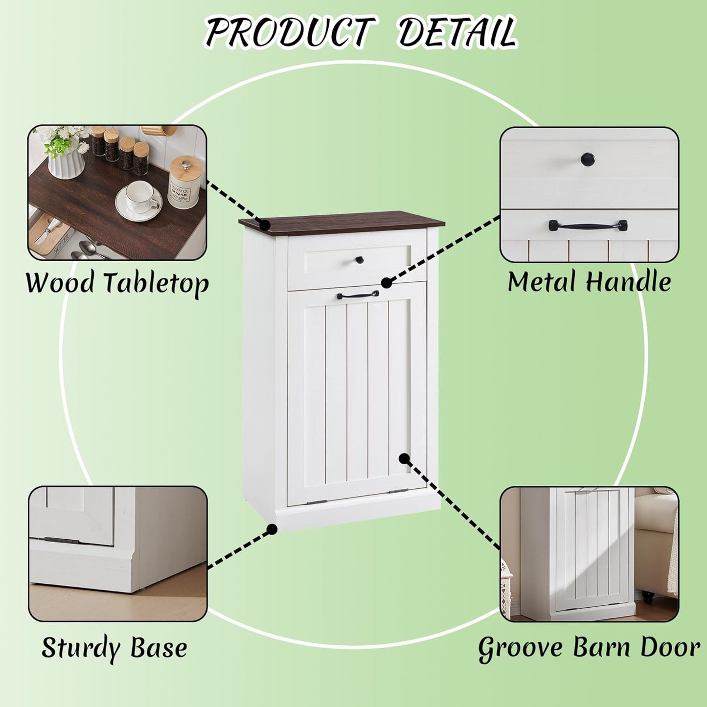 Tilt Out Laundry Hamper Cabinet, 10 Gallon Farmhouse Trash Can Cabinet with Drawer, Hidden Wood Garbage Can Bin Cabinet with Laundry Storage Basket for Bathroom, Kitchen, Antique White