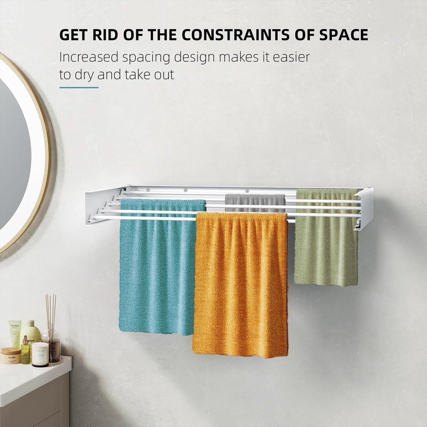 Laundry Drying Rack, Collapsible Wall Mounted Clothes Drying Rack - Foldable,Space Saving, 13.2 Linear Ft, 5 Aluminum Rods, 60 lb Capacity (White, 23.6")