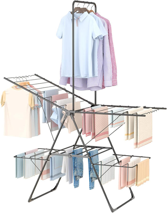 Bigzzia Clothes Drying Rack Foldable, 68.9Inch High Hanger Laundry Drying Rack with 4 Height-Adjustable Wings, Lightweight and Space Saving Clothes Airer for Apartments, Dorms, Camping