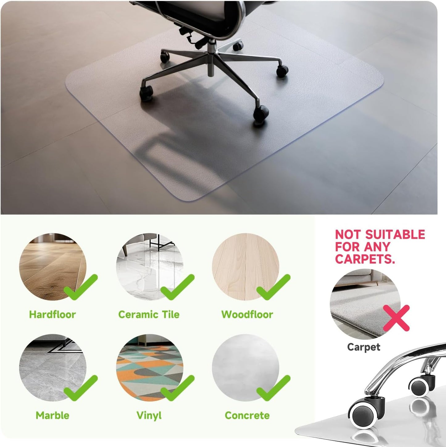 SOONAN Chair Mat for Hardwood Floor, 48" x 36" Clear Office Floor Mat, 0.08" Thickness Heavy Duty Computer&Desk Chair Mat,Floors Protector Chair Mats for Home & Office