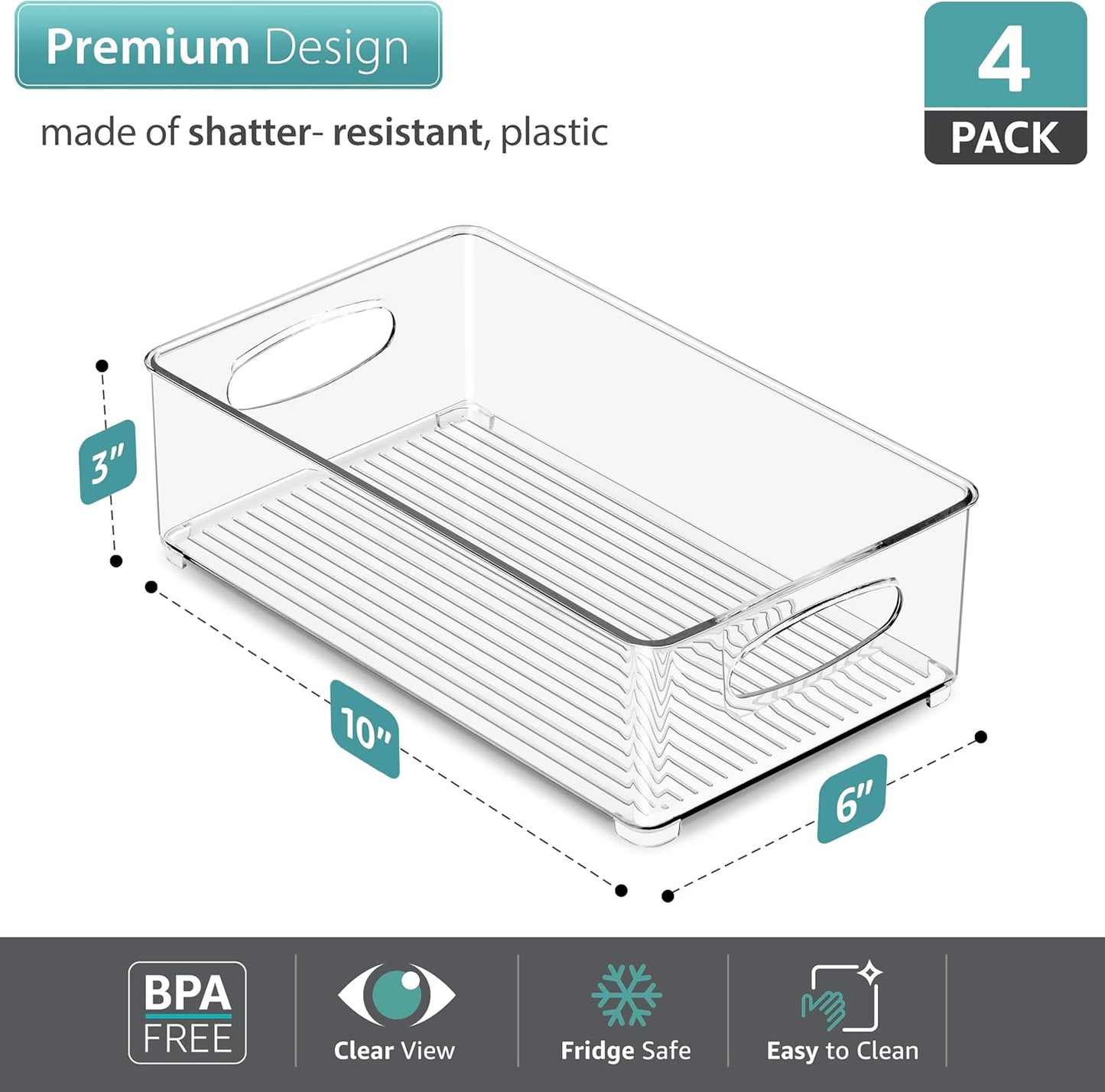 Sorbus Stackable Refrigerator Organizer Bins - Clear Storage Bins for Kitchen Pantry, Freezer & Fridge Organization - Food Organizing Plastic Containers with Handles for Countertops & Drawers (4 Pack)