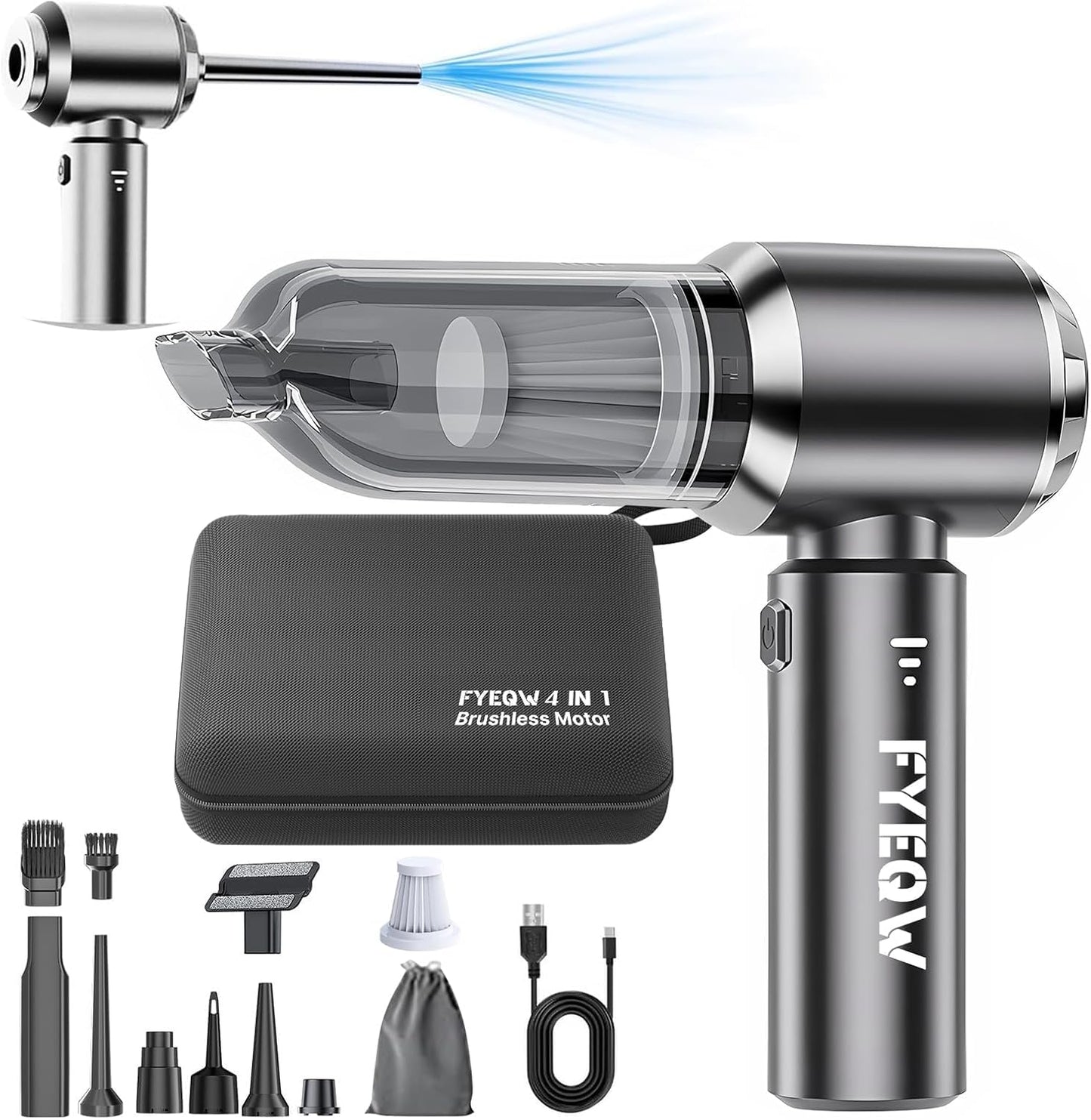 Car Vacuum Portable Cordless 21000PA High Power Mini Vacuum Cleaner 4-in-1 Compressed Air Duster & Air Blower & Pump Hand Held Vacuum with Brushless Motor for Car, Home, Office,Camping (silver gray)