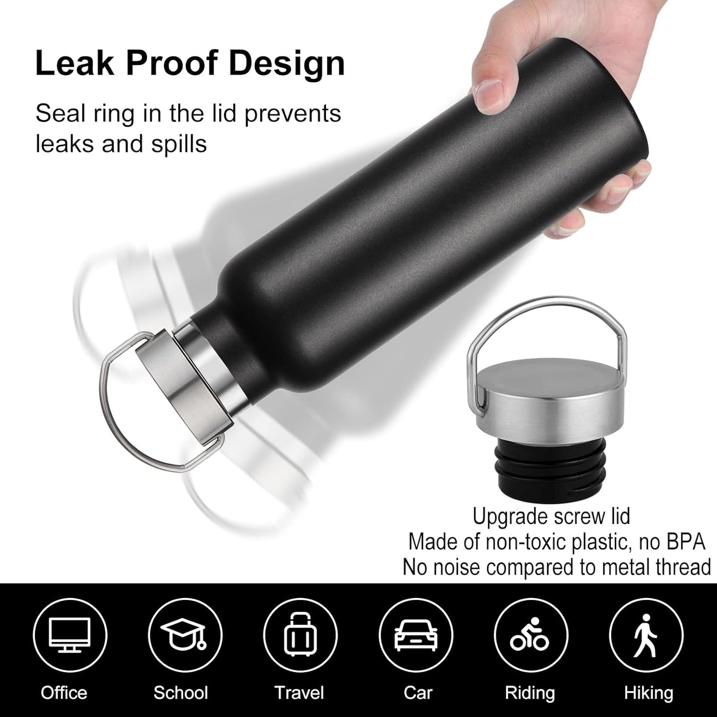 Neihepal 20 oz Insulated Water Bottles Bulk 8 Pack,Stainless Steel Double Wall Sport Bottle with Lid of Handle,Metal Reusable Flask with Cup Cap for School,Hikers,Gift (Black,Set of 8)