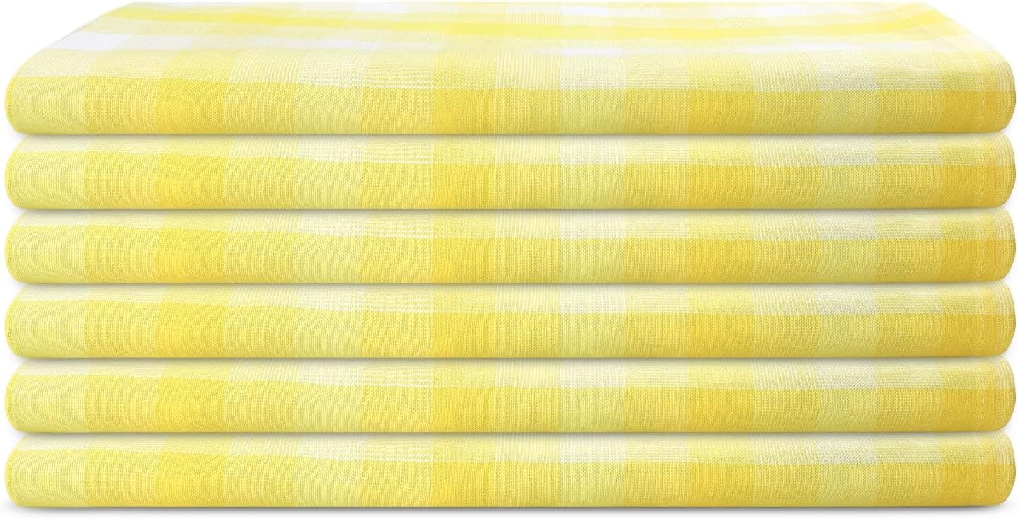 Kitchen Towels Set of 6 Yellow/White Checks 20x30 Inches 100% Cotton Highly Absorbent Kitchen Towels Premium Quality Ultra Soft Mitered Corners