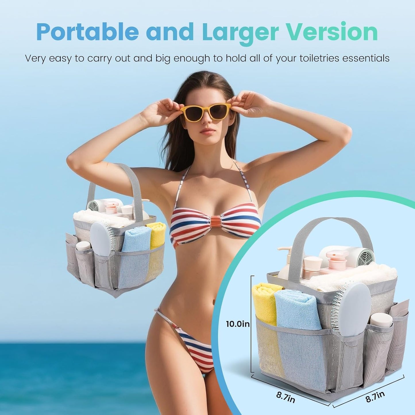 Shower Caddy Portable for College Dorm Room Essentials for Girls with 9 Pockets,Large-Capacity Shower Basket,Quick Dry Toiletry Tote Bag for Women,Outdoor Gym,Travel,Swim,Beach Camping Essentials-Grey