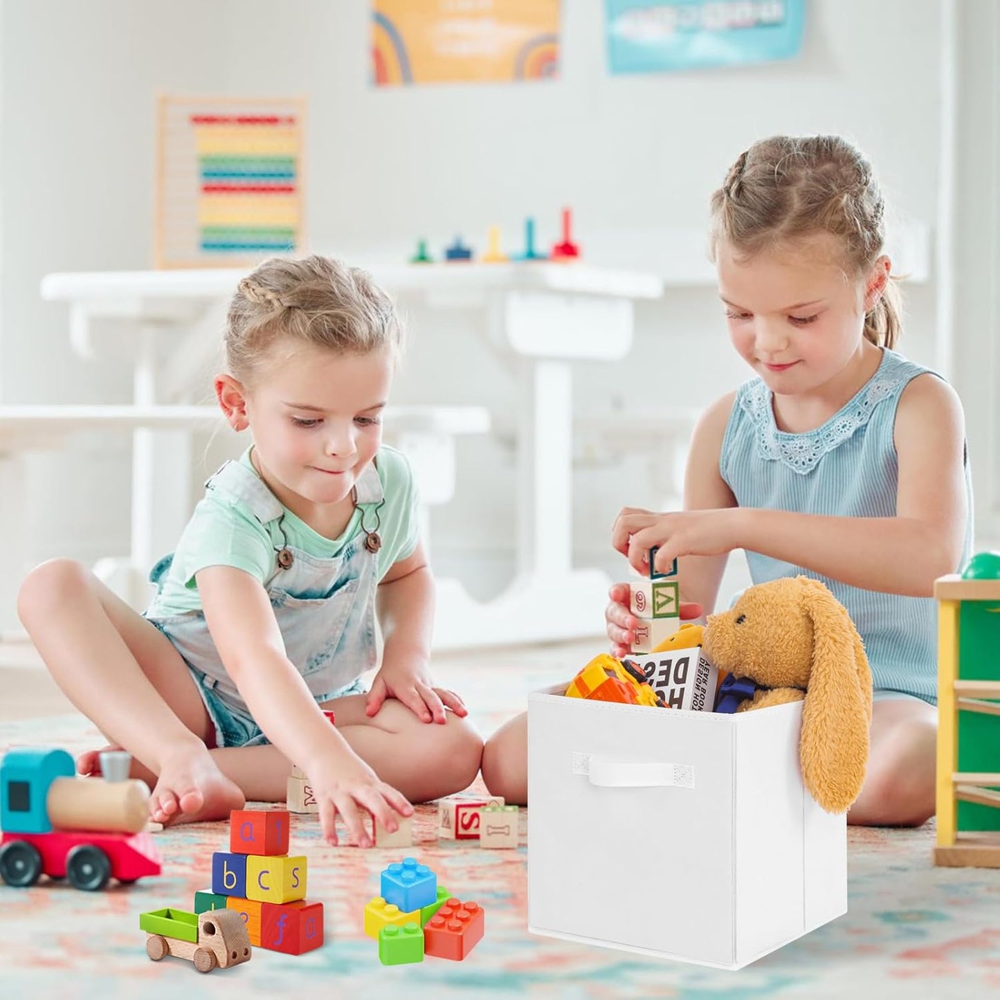 Stero 13x13x13 Inch Fabric Storage Bins 6 Pack Fun Colored Durable Storage Cubes with Handles Foldable Cube Baskets for Home, Kids Room, Closet and Toys Organization White