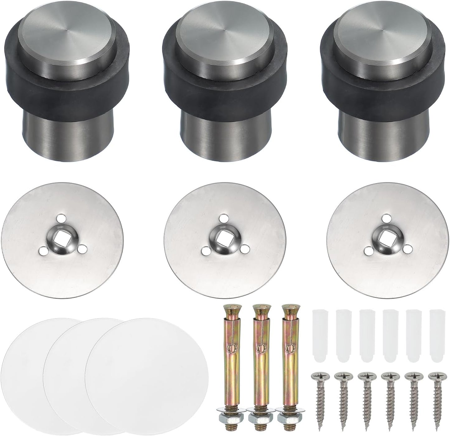 PATIKIL 3Set Round Door Stoppers, 46mm Stainless Steel Door Stop Doorstop Wedge Metal Cylinder Self Adhesive with Screw for Bottom of Door Floor Inside, Gray
